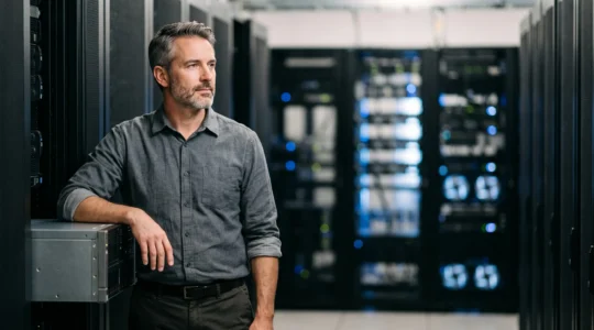 Administrateur informatique inspectant avec attention un serveur d'entreprise dans une salle technique sobre