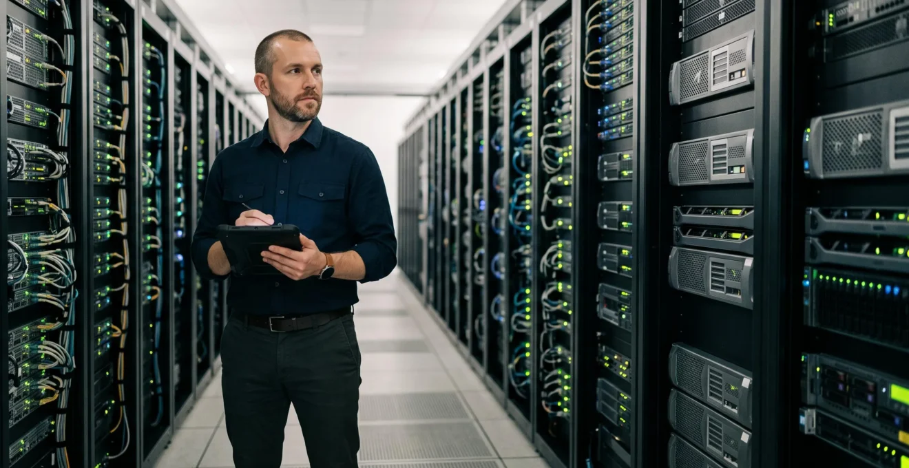 Administrateur informatique supervisant sereinement le déploiement de correctifs sur des rangées de serveurs dans un data center moderne
