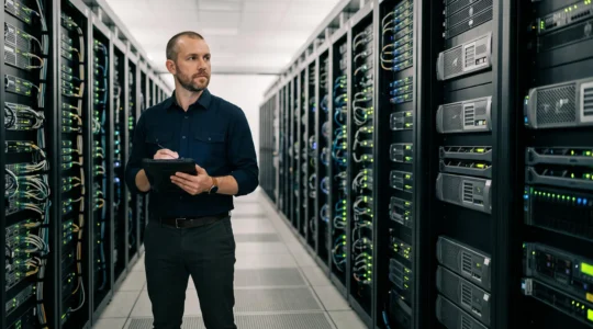 Administrateur informatique supervisant sereinement le déploiement de correctifs sur des rangées de serveurs dans un data center moderne