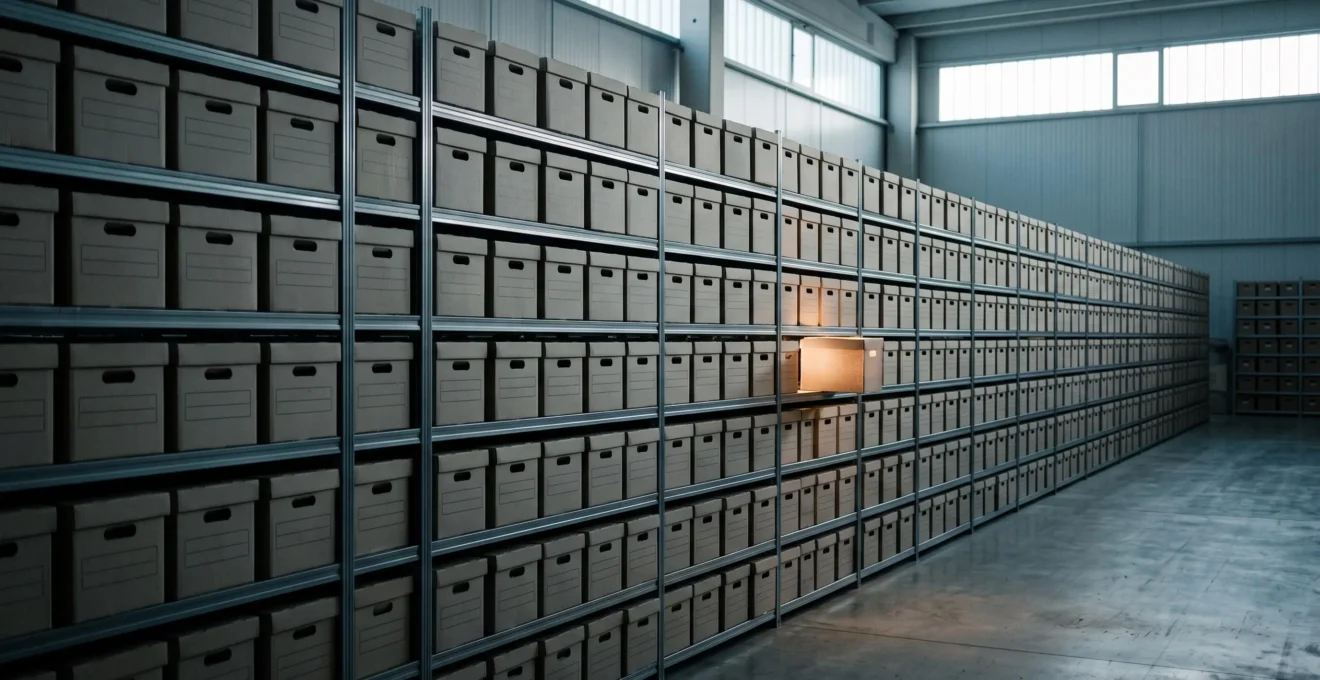 Illustration editoriale d'un espace d'archives numeriques organise symbolisant la recherche rapide de documents