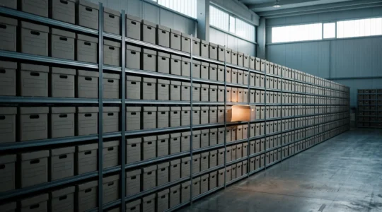 Illustration editoriale d'un espace d'archives numeriques organise symbolisant la recherche rapide de documents