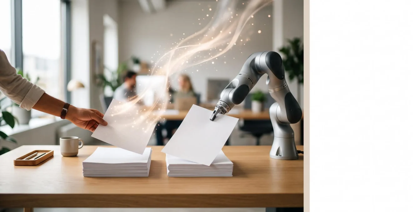 Une main humaine et un bras mecanique collaborant au-dessus d'un bureau epure, symbolisant l'automatisation des taches administratives sans intervention de codage