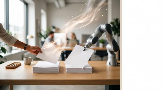 Une main humaine et un bras mecanique collaborant au-dessus d'un bureau epure, symbolisant l'automatisation des taches administratives sans intervention de codage