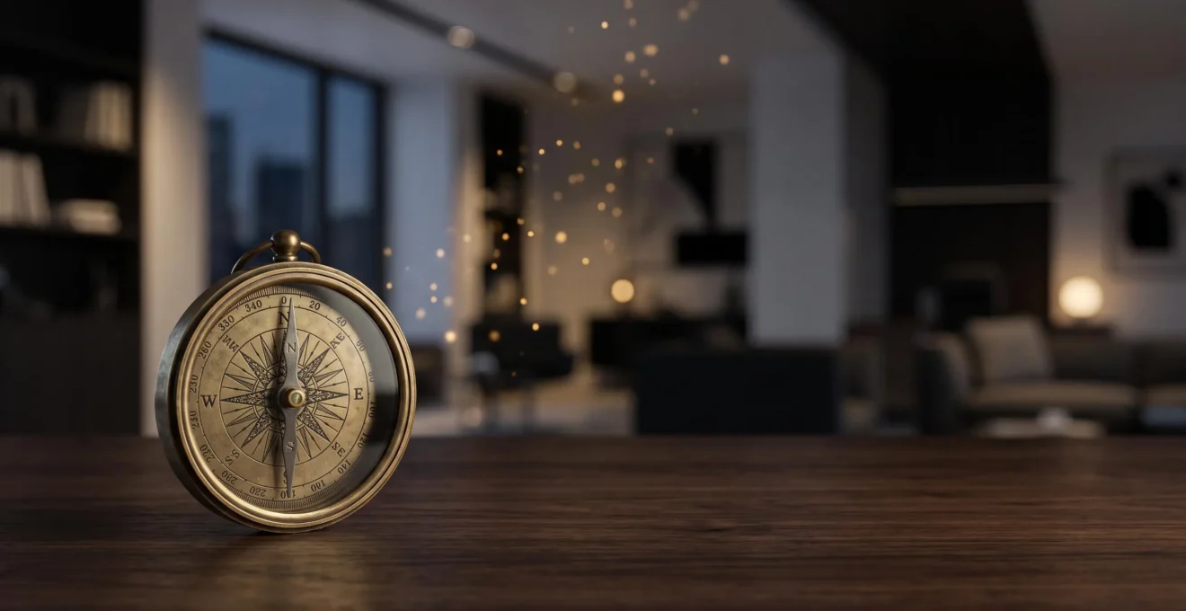 Compas lumineux entoure de particules de donnees flottantes dans un bureau moderne, symbole de la prediction des ventes par le machine learning