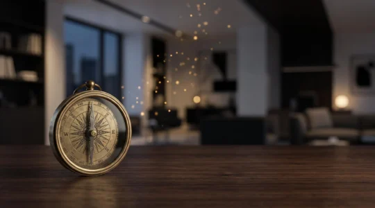 Compas lumineux entoure de particules de donnees flottantes dans un bureau moderne, symbole de la prediction des ventes par le machine learning