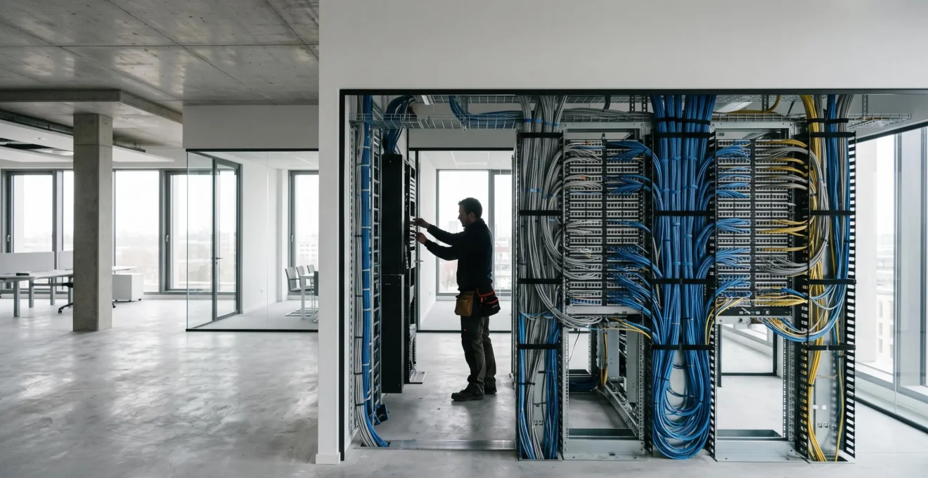 Baie de brassage réseau moderne et câbles organisés dans des bureaux neufs, symbole d'une infrastructure conçue pour durer quinze ans