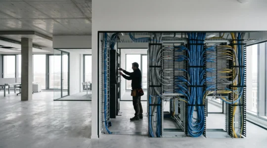 Baie de brassage réseau moderne et câbles organisés dans des bureaux neufs, symbole d'une infrastructure conçue pour durer quinze ans