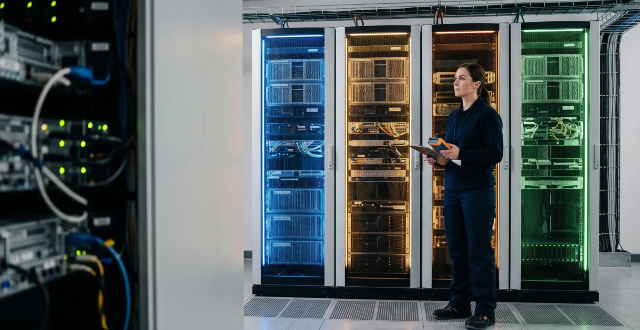 Salle serveurs de PME avec trois racks distincts symbolisant le choix entre plusieurs solutions de virtualisation