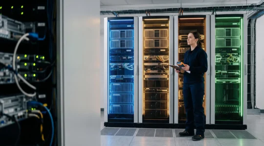 Salle serveurs de PME avec trois racks distincts symbolisant le choix entre plusieurs solutions de virtualisation