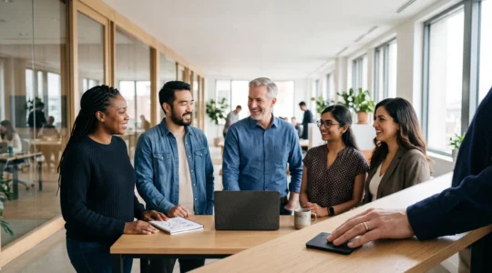 Groupe de collaborateurs divers dans un bureau moderne partageant un moment de confiance autour d'un dispositif de sécurité numérique abstrait
