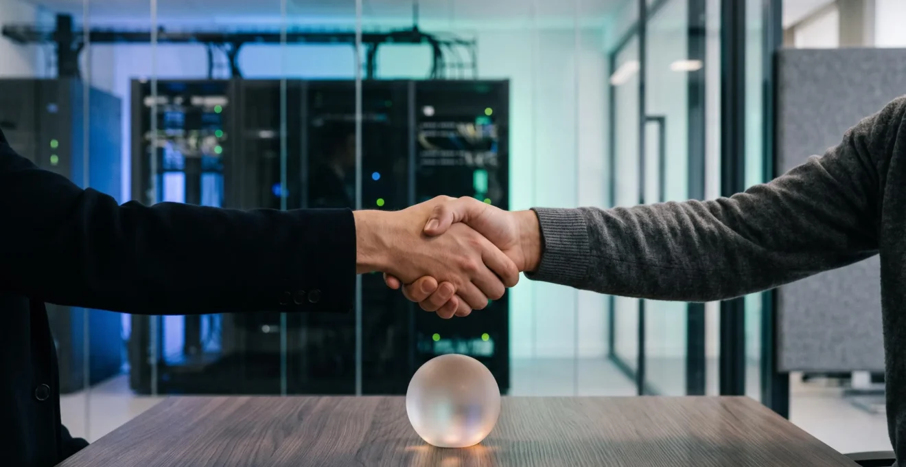 Photographie éditoriale symbolisant la transmission maîtrisée de la gestion informatique d'une entreprise à un prestataire externe, sans perte de contrôle