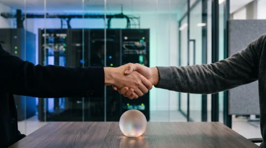 Photographie éditoriale symbolisant la transmission maîtrisée de la gestion informatique d'une entreprise à un prestataire externe, sans perte de contrôle