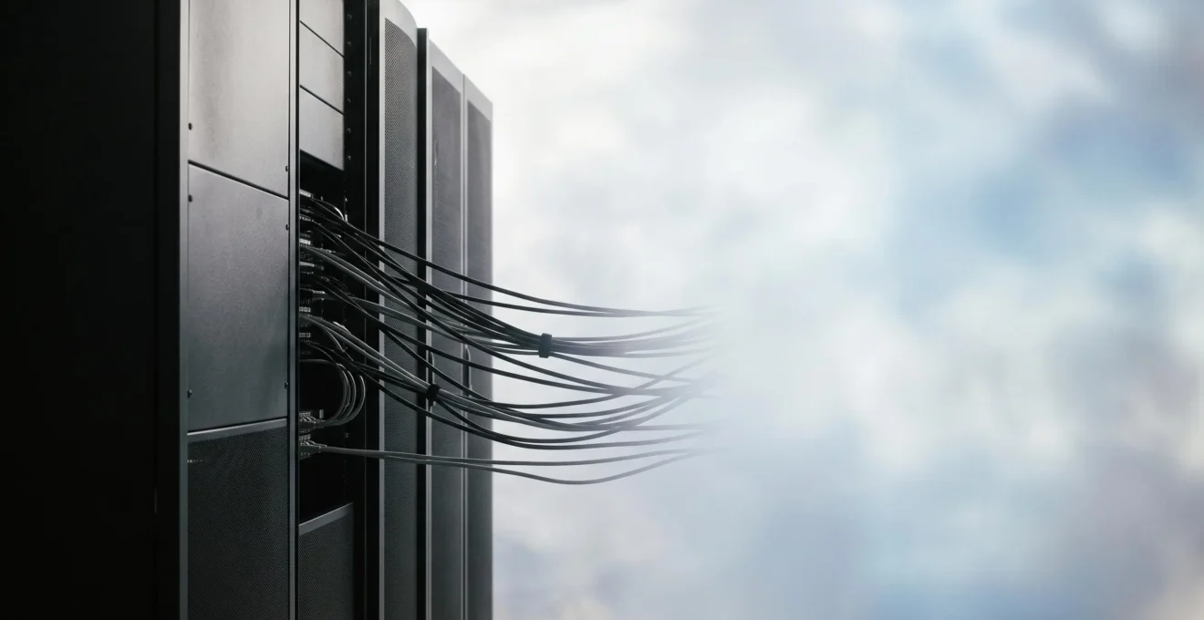 Représentation symbolique d'une infrastructure de serveurs internes reliée à un espace numérique diffus évoquant le cloud public