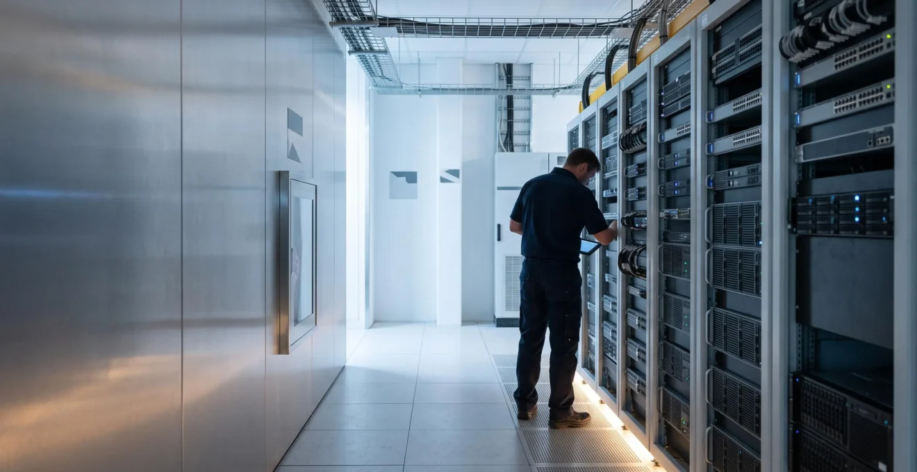 Salle de serveurs moderne et épurée symbolisant la construction d'un cloud privé d'entreprise maîtrisé
