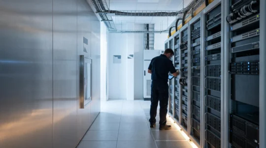 Salle de serveurs moderne et épurée symbolisant la construction d'un cloud privé d'entreprise maîtrisé