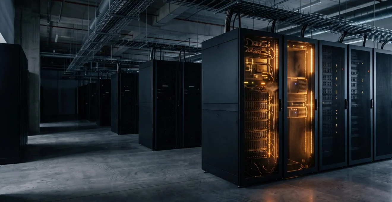 Salle serveurs moderne baignee dans une lumiere dramatique symbolisant le gaspillage invisible des ressources cloud