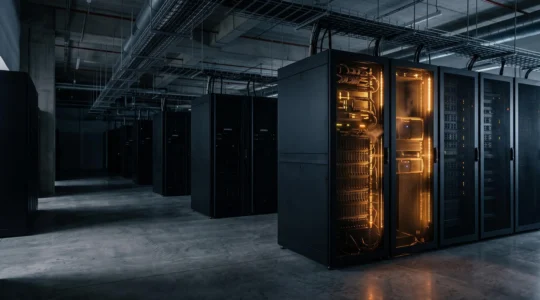 Salle serveurs moderne baignee dans une lumiere dramatique symbolisant le gaspillage invisible des ressources cloud