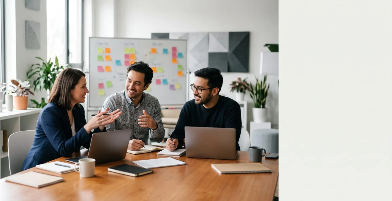 Petite equipe pluridisciplinaire collaborant autour d'une table dans un bureau moderne pour concevoir une application metier