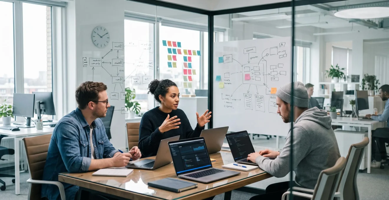 Equipe informatique organisant en urgence le deploiement d'un systeme de gestion des tickets pour toute l'entreprise