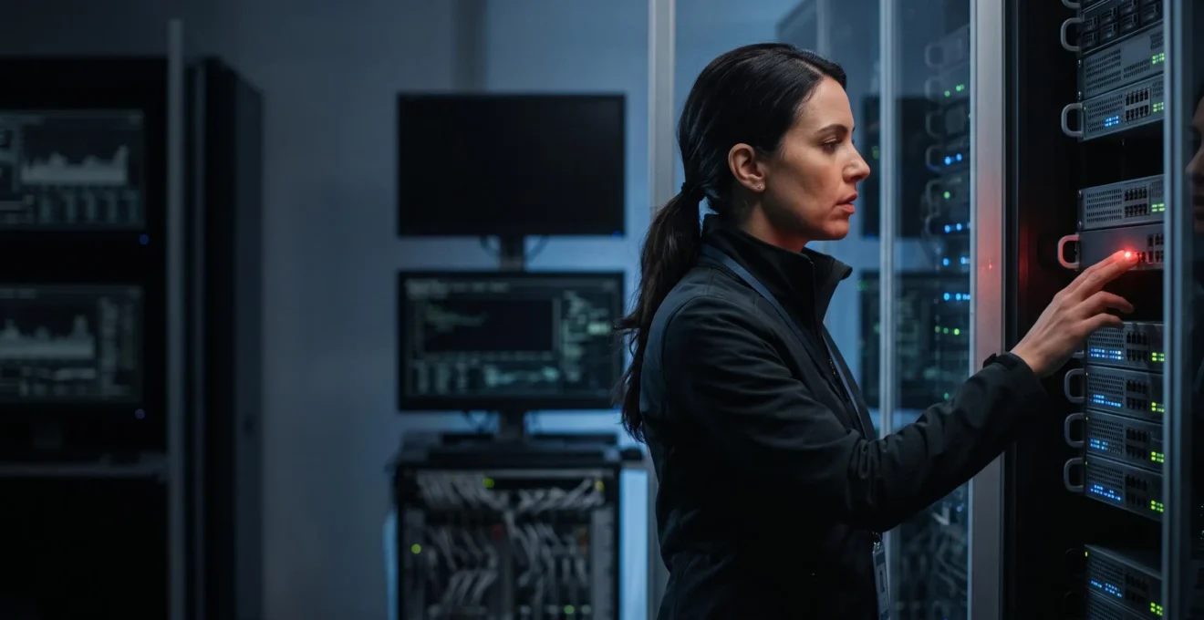Silhouette d'un professionnel de la cybersecurite observant des indicateurs lumineux abstraits dans une salle de controle sombre, symbolisant la detection precoce d'une cyberattaque