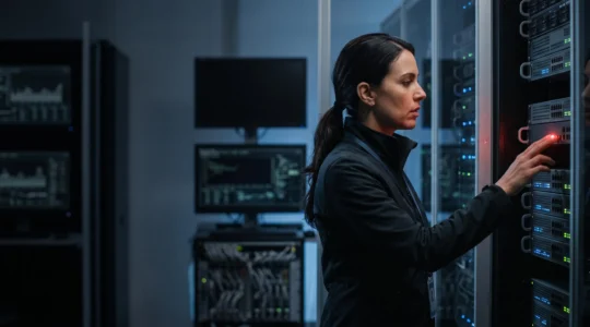 Silhouette d'un professionnel de la cybersecurite observant des indicateurs lumineux abstraits dans une salle de controle sombre, symbolisant la detection precoce d'une cyberattaque