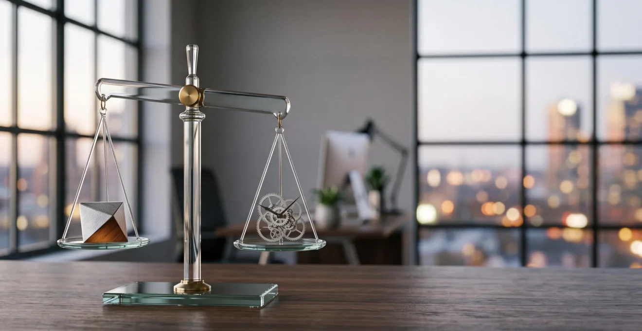 Deux mains tenant une balance symbolique en verre representant l'equilibre entre promesse contractuelle et realite operationnelle dans un service informatique