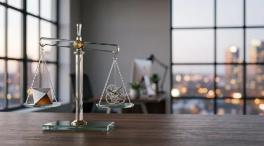 Deux mains tenant une balance symbolique en verre representant l'equilibre entre promesse contractuelle et realite operationnelle dans un service informatique