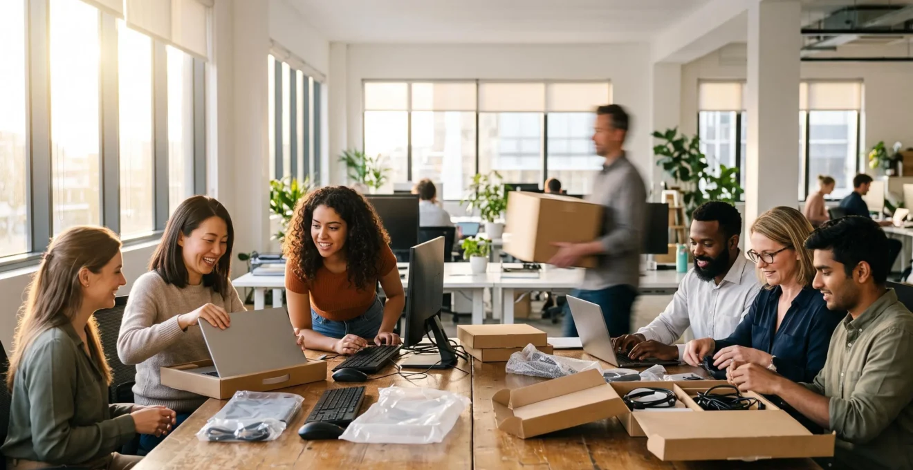 Petite equipe installant rapidement du materiel informatique dans un bureau moderne et lumineux