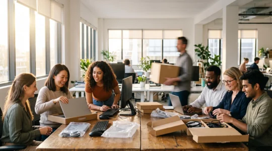Petite equipe installant rapidement du materiel informatique dans un bureau moderne et lumineux