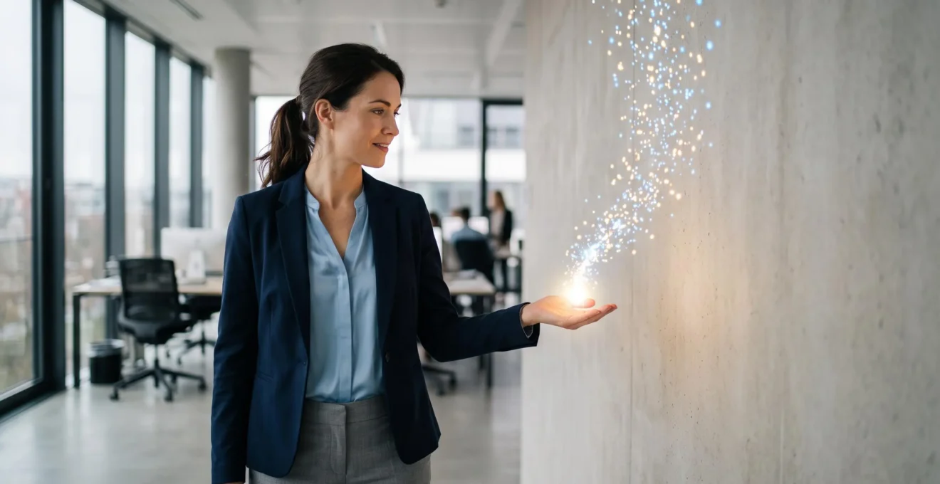 Un professionnel observe un flux lumineux de donnees abstraites representant l'extraction rapide d'insights clients