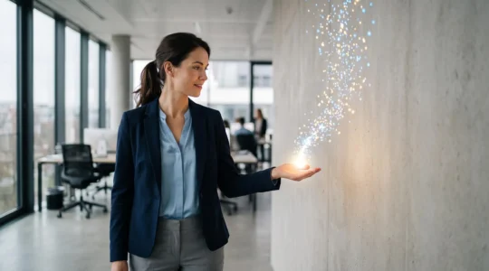 Un professionnel observe un flux lumineux de donnees abstraites representant l'extraction rapide d'insights clients