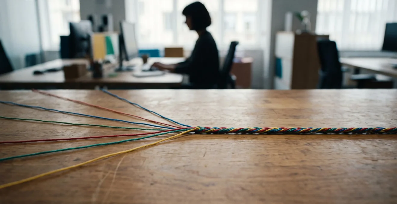 Représentation visuelle de multiples flux de communication convergeant vers un point unique et harmonieux dans un environnement de bureau moderne