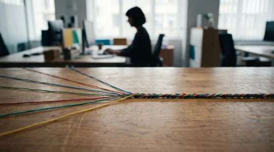 Représentation visuelle de multiples flux de communication convergeant vers un point unique et harmonieux dans un environnement de bureau moderne
