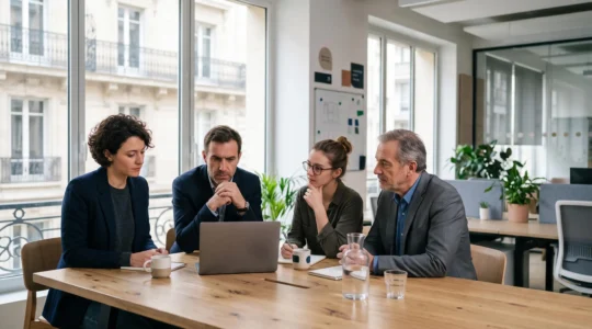 Equipe de collaborateurs attentifs lors d'une session de sensibilisation a la cybersecurite en entreprise