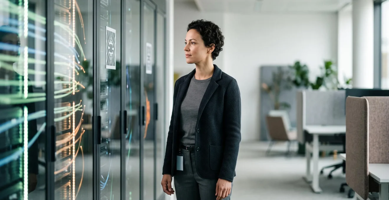 Professionnel de la sécurité informatique observant calmement un centre de contrôle réseau symbolisant un pare-feu efficace et fluide