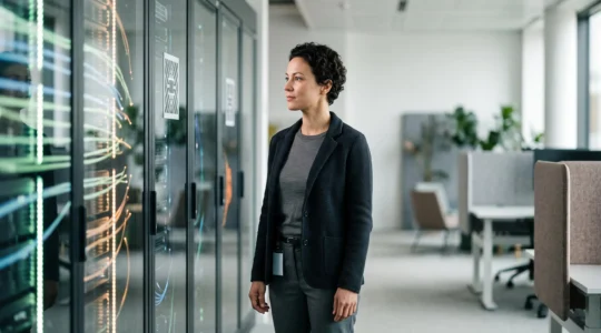 Professionnel de la sécurité informatique observant calmement un centre de contrôle réseau symbolisant un pare-feu efficace et fluide