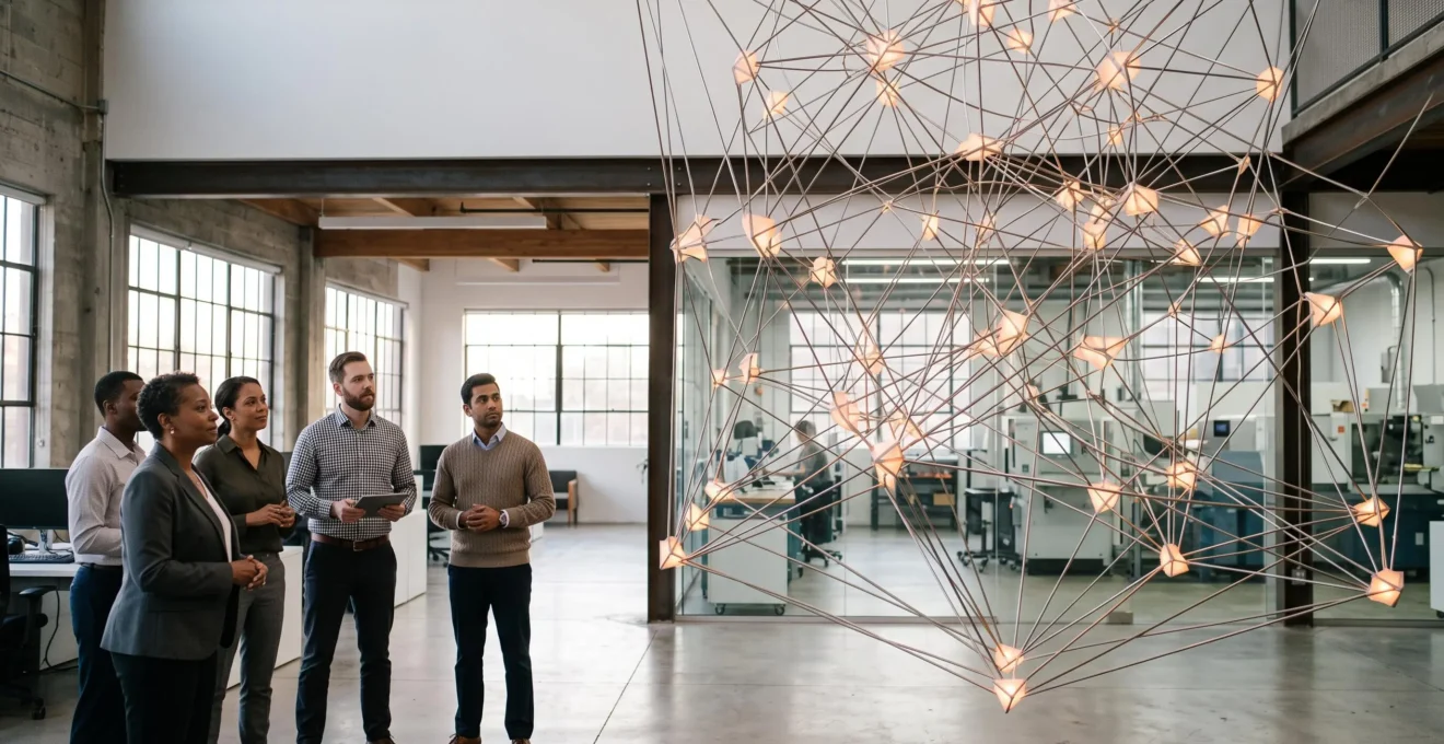 Équipe dirigeante d'une PME de 100 personnes réunie autour d'une maquette symbolisant l'intégration réussie d'un ERP