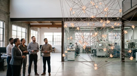 Équipe dirigeante d'une PME de 100 personnes réunie autour d'une maquette symbolisant l'intégration réussie d'un ERP