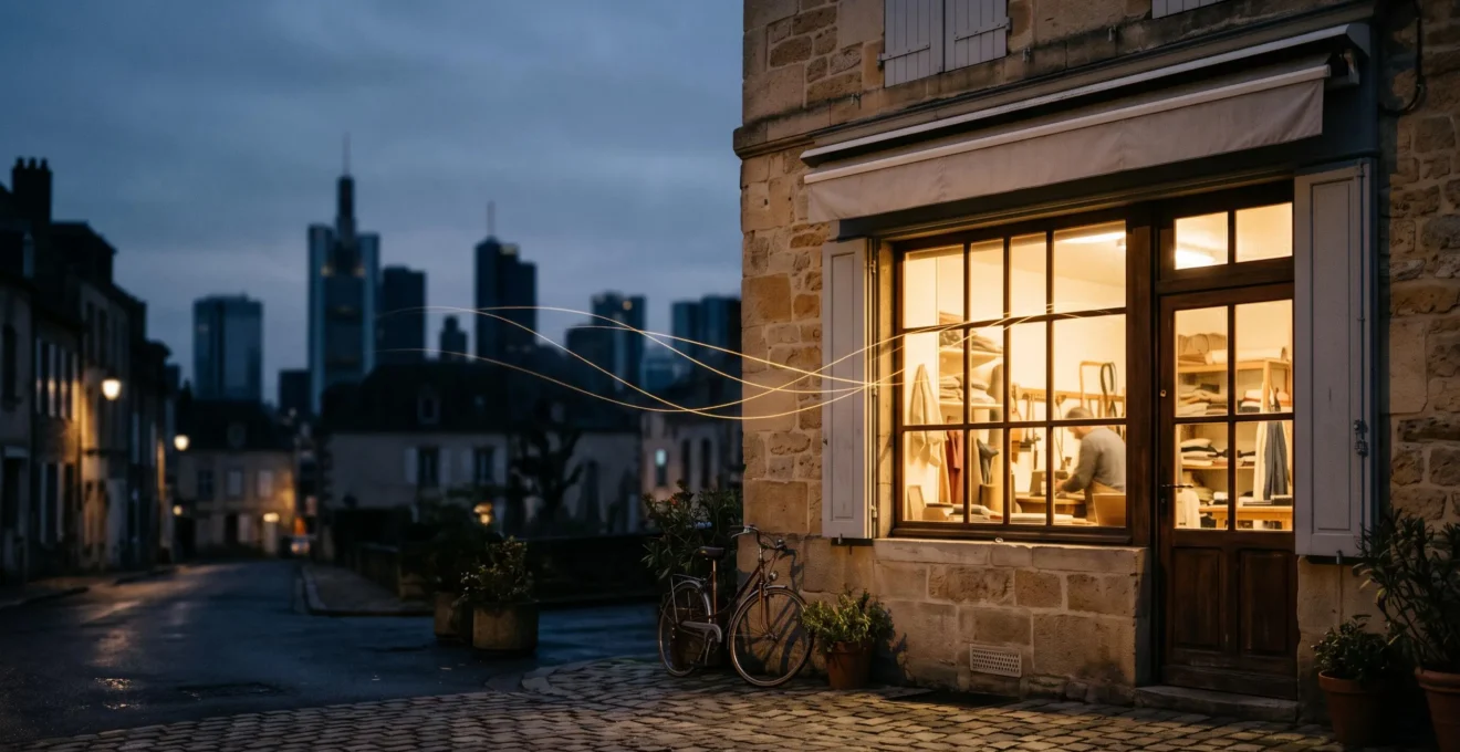 Petite entreprise française symboliquement connectée à un réseau numérique vulnérable, illustrant les risques de cyberattaques visant les PME