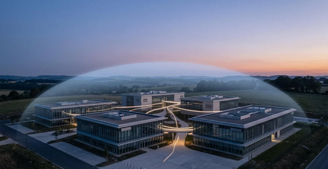 Illustration symbolique d'un bouclier numérique protégeant un réseau de bureaux répartis sur plusieurs sites