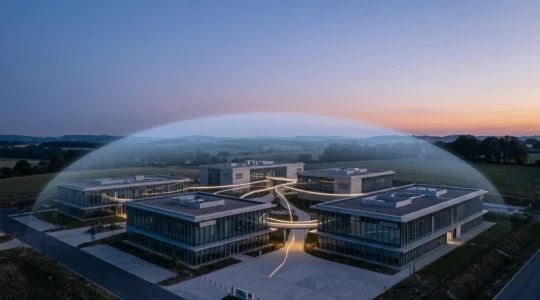 Illustration symbolique d'un bouclier numérique protégeant un réseau de bureaux répartis sur plusieurs sites