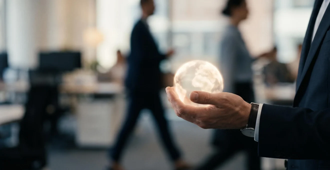 Main professionnelle protegeant delicatement une sphere de lumiere abstraite symbolisant les donnees clients, avec en arriere-plan une scene de bureau en mouvement flou evoquant la rapidite de l'activite commerciale