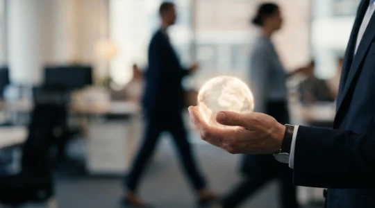 Main professionnelle protegeant delicatement une sphere de lumiere abstraite symbolisant les donnees clients, avec en arriere-plan une scene de bureau en mouvement flou evoquant la rapidite de l'activite commerciale