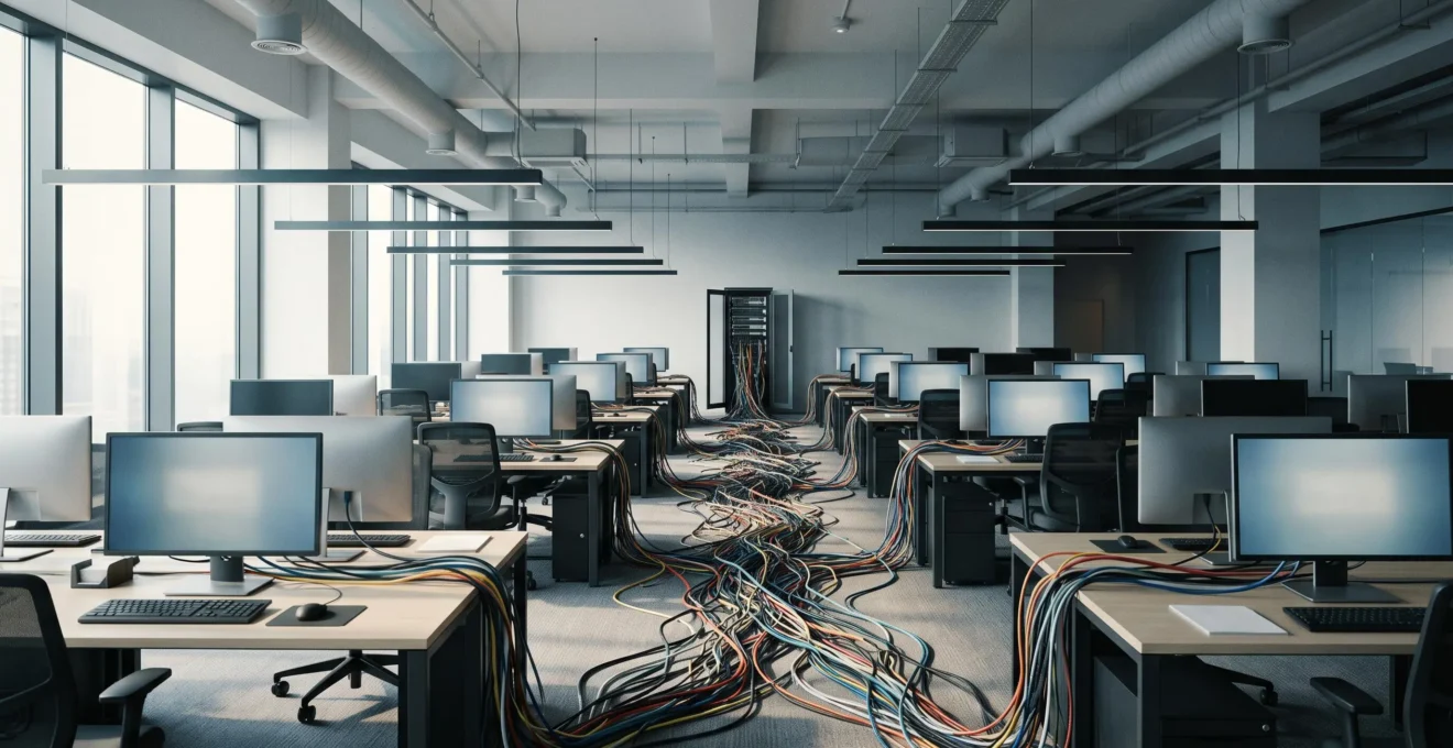 Bureau moderne en open space avec de nombreux postes de travail connectés, illustrant la saturation d'un réseau d'entreprise en croissance