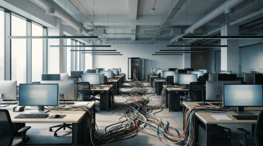 Bureau moderne en open space avec de nombreux postes de travail connectés, illustrant la saturation d'un réseau d'entreprise en croissance