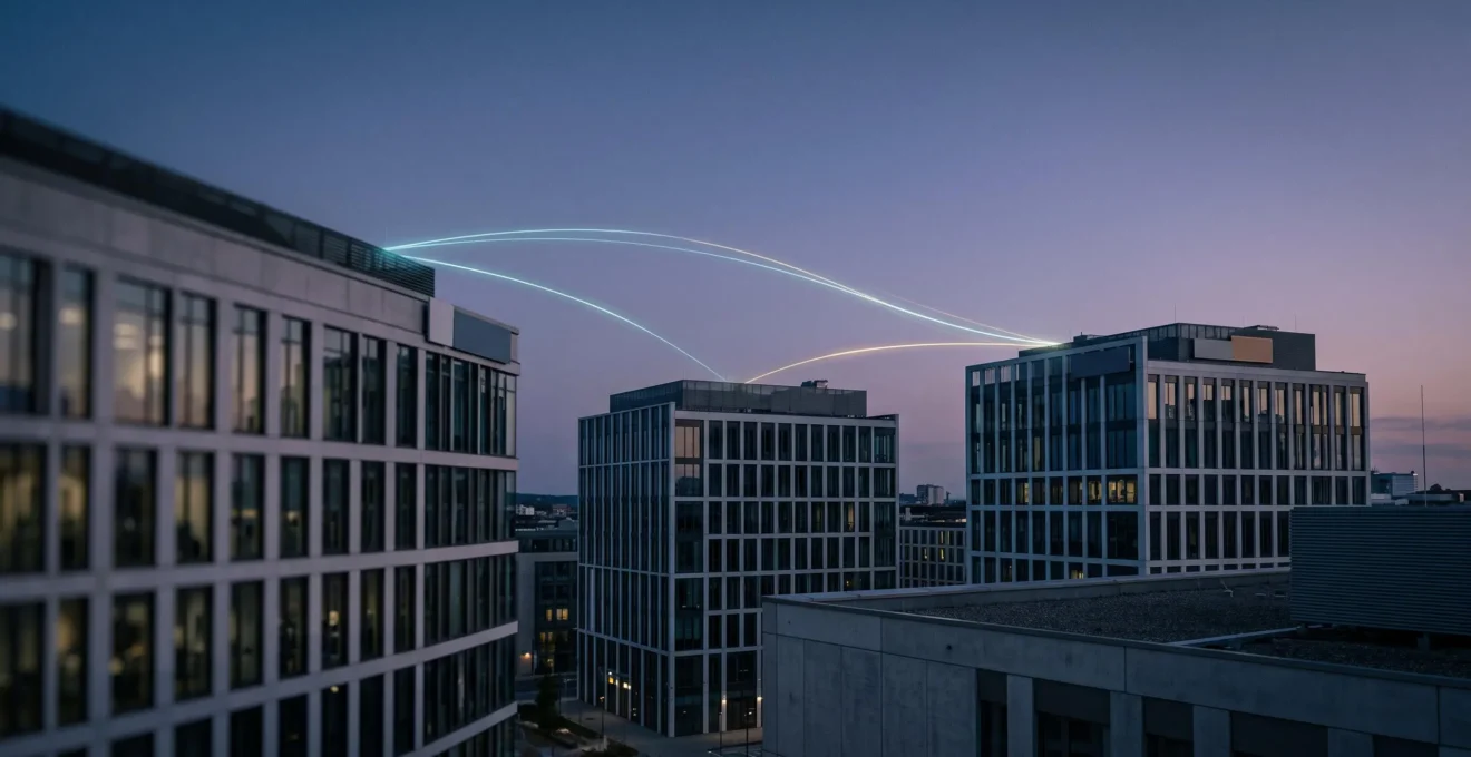 Représentation visuelle d'un réseau d'entreprise sécurisé reliant trois sites distants par fibre optique