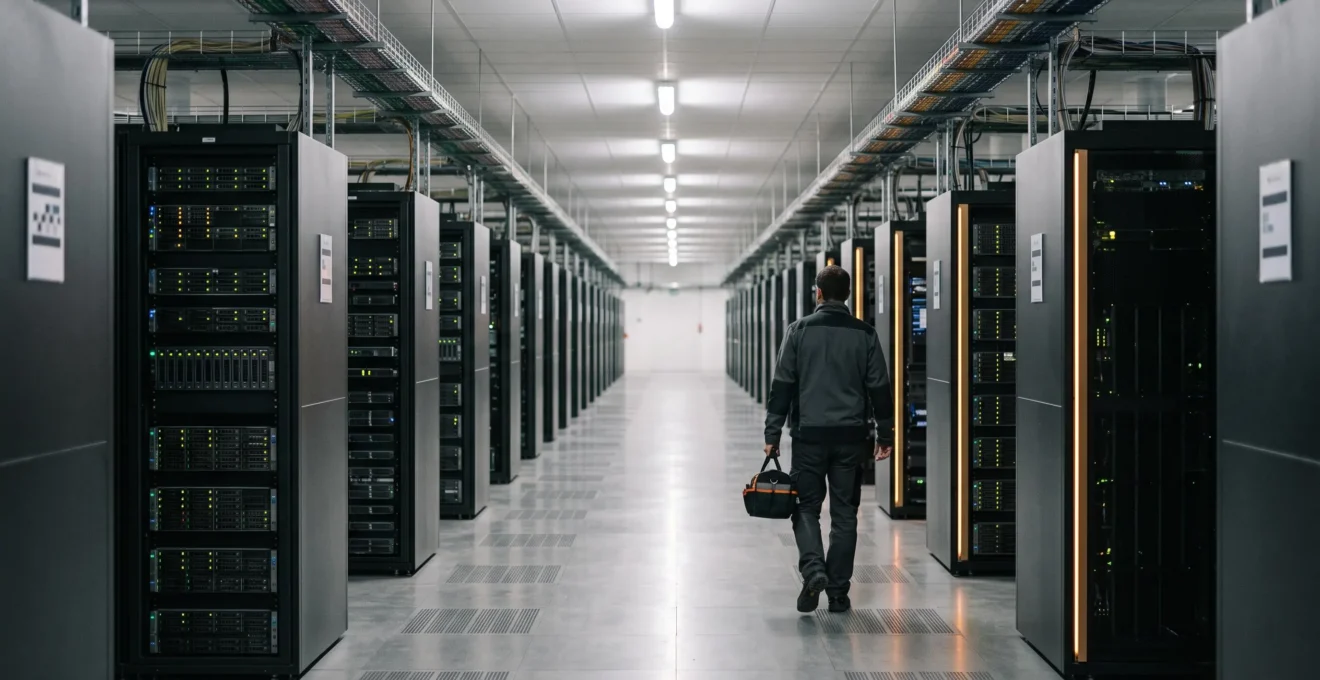Vue large d'une salle de serveurs dans un datacenter Tier 3 en France, avec allees de baies informatiques et eclairage bleute