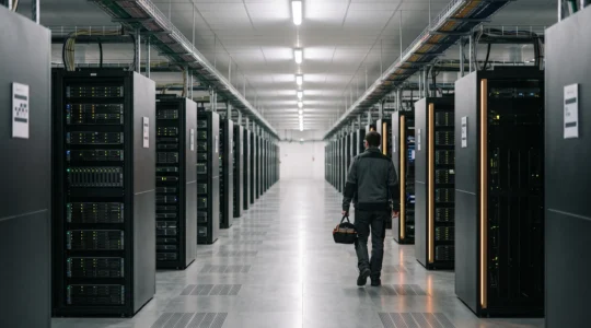 Vue large d'une salle de serveurs dans un datacenter Tier 3 en France, avec allees de baies informatiques et eclairage bleute