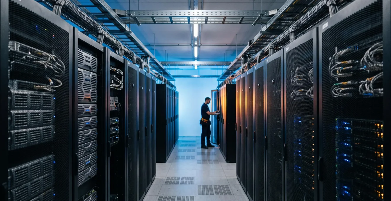 Rangée de baies serveurs redondantes dans une salle informatique symbolisant la continuité d'un ERP malgré une panne