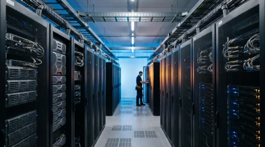 Rangée de baies serveurs redondantes dans une salle informatique symbolisant la continuité d'un ERP malgré une panne